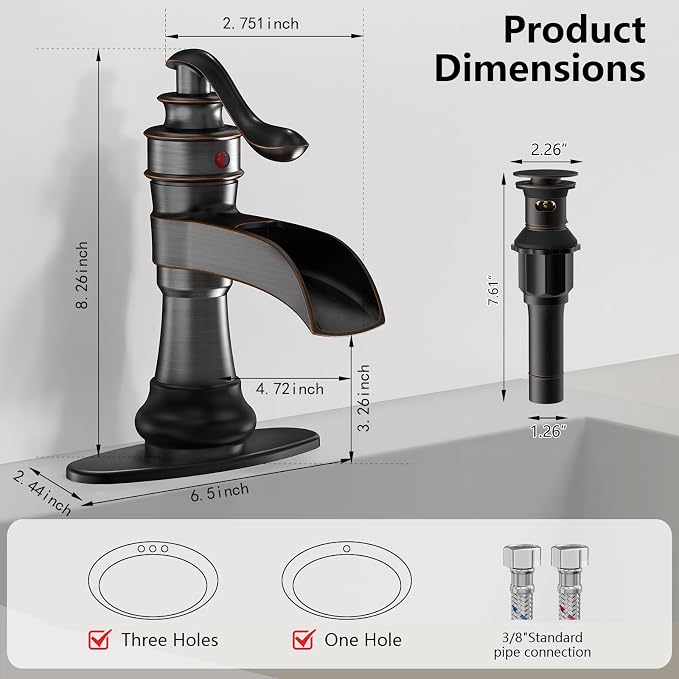 Bathroom Sink Faucet Waterfall Oil Rubbed Bronze Single Handle | Pop Up Drain with Overflow,Easy to Clean,Stable Installation,Gentle Water Flow Prevents Splashing,Elegant Minimalist Style