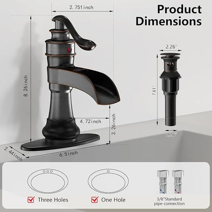 Bathroom Sink Faucet Waterfall Oil Rubbed Bronze Single Handle | Pop Up Drain with Overflow,Easy to Clean,Stable Installation,Gentle Water Flow Prevents Splashing,Elegant Minimalist Style