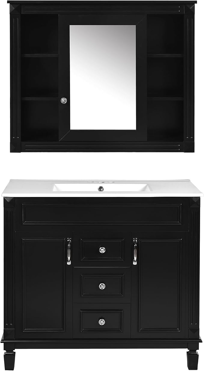 36" Bathroom Vanity with Top Sink, Mirror Cabinet, Modern Bathroom Storage Cabinet with 2 Soft Closing Doors and 2 Drawers, Single Sink Bathroom Vanity