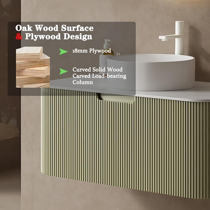 30'' Bathroom Vanities Cabinet with Sink Combo, Wall Mounted Floating Cabinet W/Curved Edges Stripes, Oak Plywood, Soft-close System with a Drawer, White Round Ceramic Basin - Kiel, Light Green