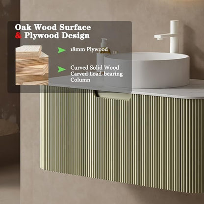 30'' Bathroom Vanities Cabinet with Sink Combo, Wall Mounted Floating Cabinet W/Curved Edges Stripes, Oak Plywood, Soft-close System with a Drawer, White Round Ceramic Basin - Kiel, Light Green