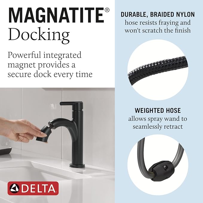 Delta Nicoli 1 Hole Matte Black Bathroom Faucet with Sprayer, Single Hole Bathroom Sink Faucet with Pull Out Sprayer for Vanity, Push-Pop Drain, Matte Black 15749LF-BLPD