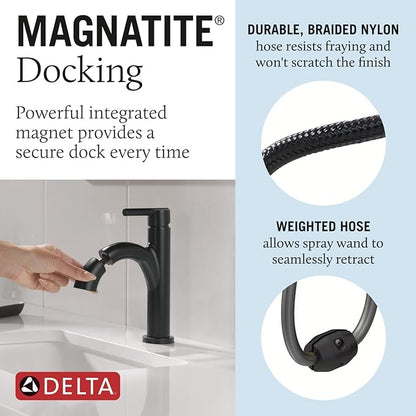 Delta Nicoli 1 Hole Matte Black Bathroom Faucet with Sprayer, Single Hole Bathroom Sink Faucet with Pull Out Sprayer for Vanity, Push-Pop Drain, Matte Black 15749LF-BLPD
