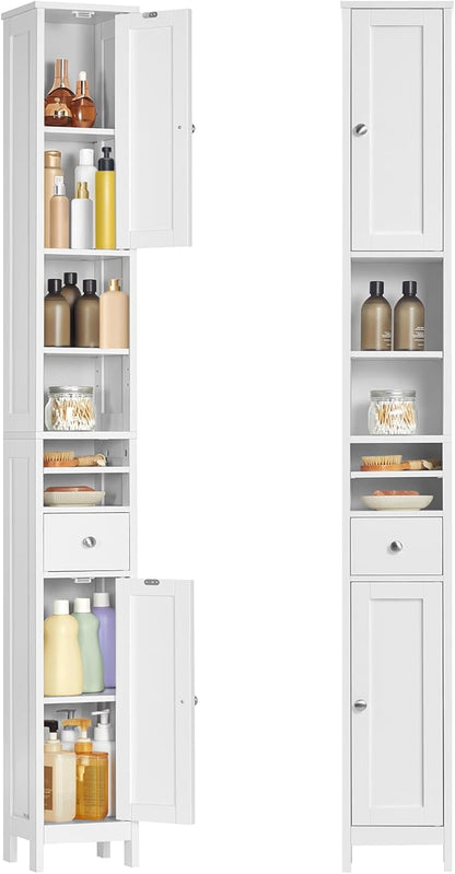 VASAGLE Tall Storage Cabinet, Slim Freestanding Floor Cabinet with Adjustable Shelves, Drawer, Open Compartments, for Small Spaces, Bathroom, Living Room, Modern, Cloud White UBBC765W01