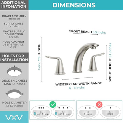 VXV Bathroom Faucet 3 Hole, 8 Inch Widespread Bathroom Sink Faucet for Lavatory Vanity with Pop-up Drain Brushed Nickel