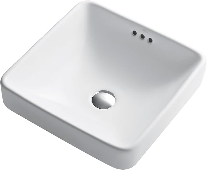 KRAUS Elavo Square Semi-Recessed Vessel White Porcelain Ceramic Bathroom Sink with Overflow, 16 1/2 inch KCR-281