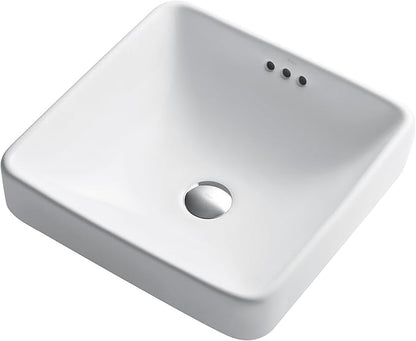 KRAUS Elavo Square Semi-Recessed Vessel White Porcelain Ceramic Bathroom Sink with Overflow, 16 1/2 inch KCR-281
