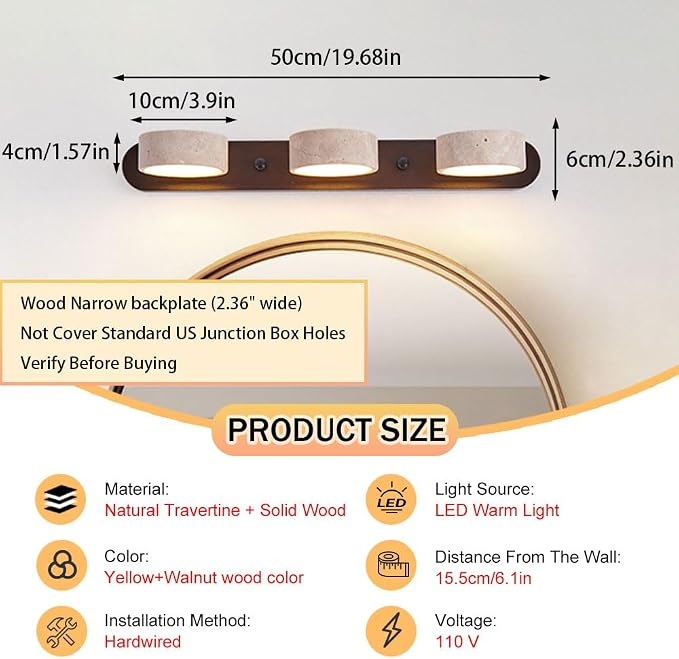 Yellow Travertine Vanity Light, 19.69" Wabi Sabi Modern Wooden Bathroom Light 360° Rotatable Natural Stone Lampshade Wall Lighting Fixture Over Mirror for Bathroom Farmhouse Home Decor 3 Lights