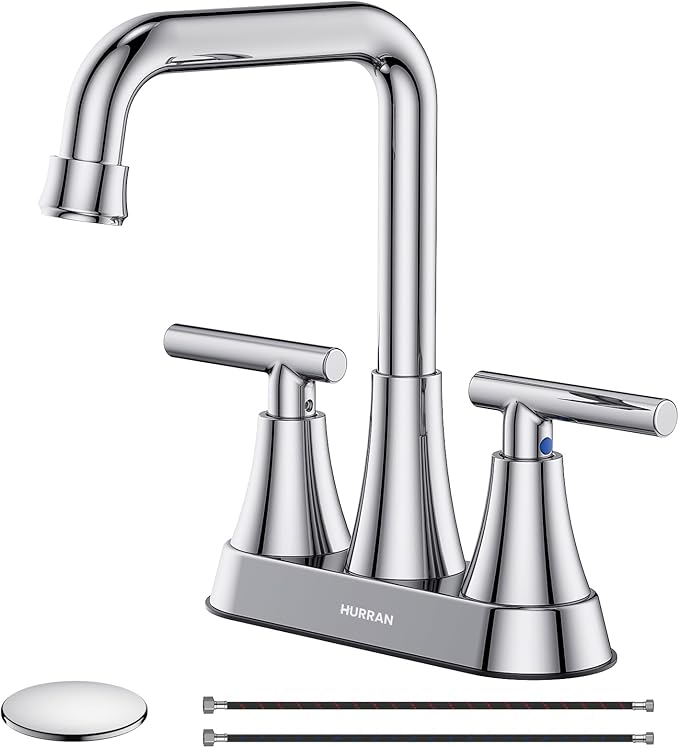 Bathroom Sink Faucet, Hurran 4 inch Chrome Bathroom Faucets for Sink 3 Hole with Pop-up Drain and Supply Lines, Stainless Steel 2-Handle Centerset Faucet for Bathroom Sink Vanity RV Restroom