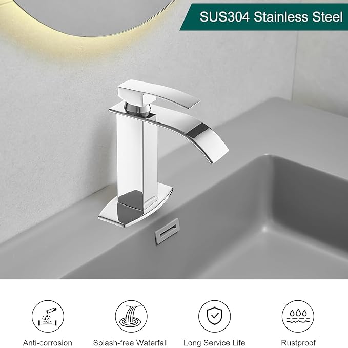 Hoimpro Chrome Waterfall Bathroom Faucet with cUPC Supply Lines, Single Handle Bathroom Sink Faucet with Pop-up Drain, Rv Vanity Vessel Faucet with Deck Plate, Chrome, 1 or 3 Hole