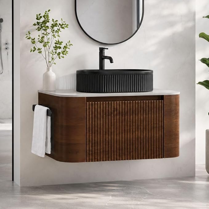 30" Preassembled Floating Bathroom Vanity with Black Sink, Walnut | Mid-Century Modern Style, Fluted & Soft-Close Drawer with U-shaped Wall, Sinterted Stone Countertop, Towel Rack Included