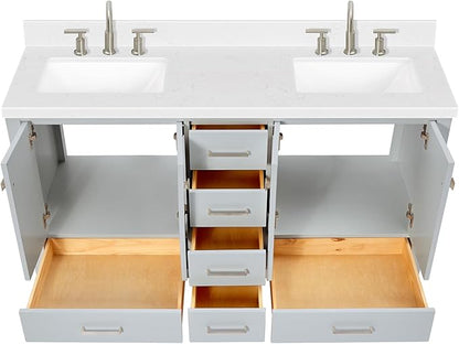 ARIEL Cambridge 60-inch Bathroom Vanity with Sink,Solid Wood, 1.5-inch Carrara White Quartz Countertop, Double Rectangular Porcelain Sink, 4 Soft Closing Doors, 6 Dovetail Drawers, Grey