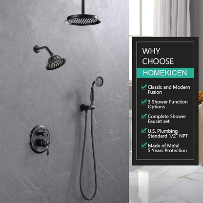 Dual Rain Shower Head System with Handheld Antique Faucet Set | Oil Rubbed Bronze Finish, Multi-layer Plating, Vintage Rainfall, 3 Way Diverter Brass Valve with Trim Kit, Easy Install