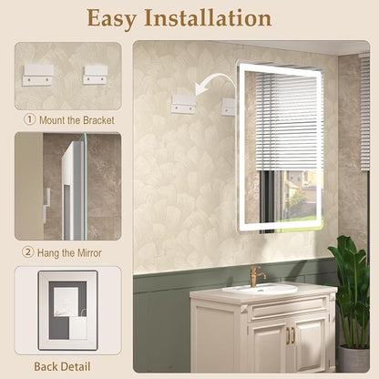 24x36 LED Lighted Bathroom Mirror for Vanity | Front Lights and Backlit, Rounded-Corner Rectangle, 3 Colors, Dimmable, Anti-Fog, Memory, Tempered Glass, UL