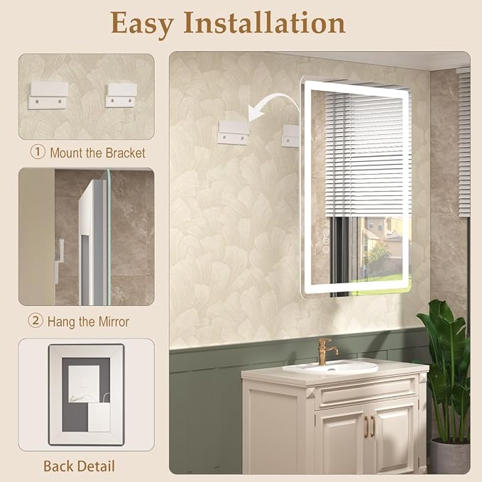 36x30 LED Lighted Bathroom Mirror for Vanity | Front Lights and Backlit, Rounded-Corner Rectangle, 3 Colors, Dimmable, Anti-Fog, Memory, Tempered Glass, UL