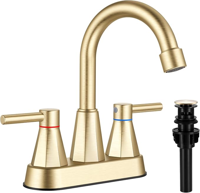 Bathroom Sink Faucet Brushed Gold, 2-Handle 4-inch Centerset Faucet | Lead-free stainless steel, pop-up drain included, Detachable faucet aerator, 360°swivel spout, for vanity sink 3-hole mount
