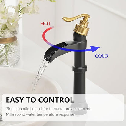 Black and Gold Vessel Sink Faucet Brass Tall Waterfall Bathroom Faucet | Bathroom Sink Faucets Single Handle with Pop Up Drain Without Overflow and Supply Hoses Mixer Tap Deck Mount by BATHLAVISH