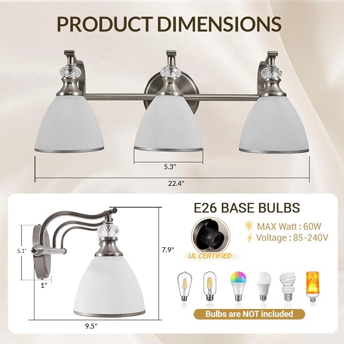 Bathroom Light Fixture, 3-Light Bathroom Vanity Light Brushed Nickel, Vintage Wall Sconce with Hand-Painted Frosted Lampshade, Wall Lamp in Silver Finish for Bedroom, Living Room, Restroom