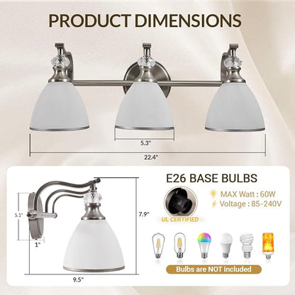Bathroom Light Fixture, 3-Light Bathroom Vanity Light Brushed Nickel, Vintage Wall Sconce with Hand-Painted Frosted Lampshade, Wall Lamp in Silver Finish for Bedroom, Living Room, Restroom