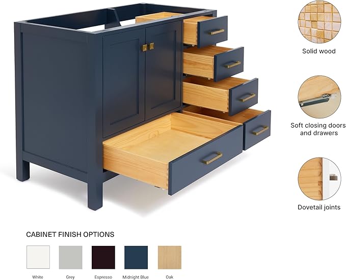 ARIEL Cambridge 42-inch Bathroom Vanity Base Cabinet,Solid Wood, 2 Soft Closing Doors, 5 Dovetail Drawers, Midnight Blue