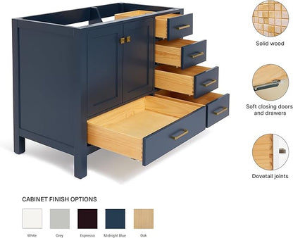 ARIEL Cambridge 42-inch Bathroom Vanity Base Cabinet,Solid Wood, 2 Soft Closing Doors, 5 Dovetail Drawers, Midnight Blue