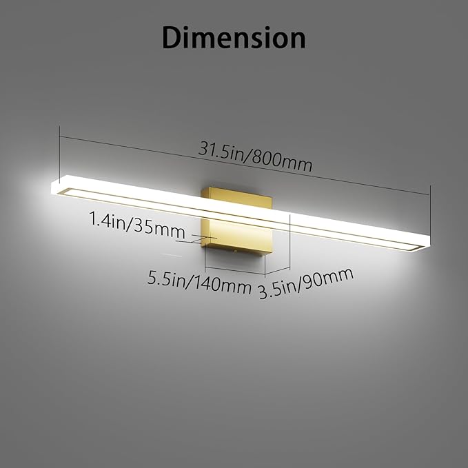 31.5inch Gold LED Bathroom Vanity Light Bar 24W Modern Bath Light Fixture Over Mirror Vanity Light Cool White 6000K