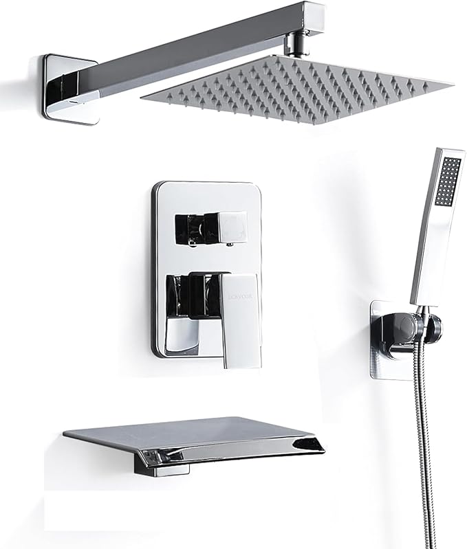 10 Inch Shower Faucet Set, Wall-Mounted Rainfall Shower System with High Pressure Handheld Shower Head, Bathroom Mixer Shower Set Rough-in Valve and Trim Kit, with Tub Spout, Silver