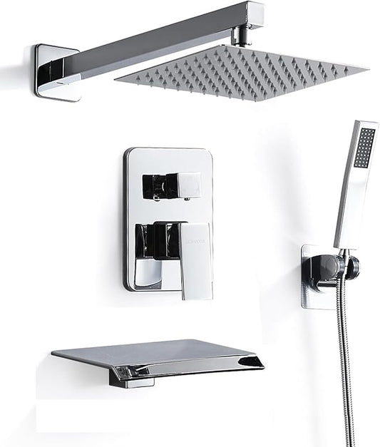 10 Inch Shower Faucet Set, Wall-Mounted Rainfall Shower System with High Pressure Handheld Shower Head, Bathroom Mixer Shower Set Rough-in Valve and Trim Kit, with Tub Spout, Silver