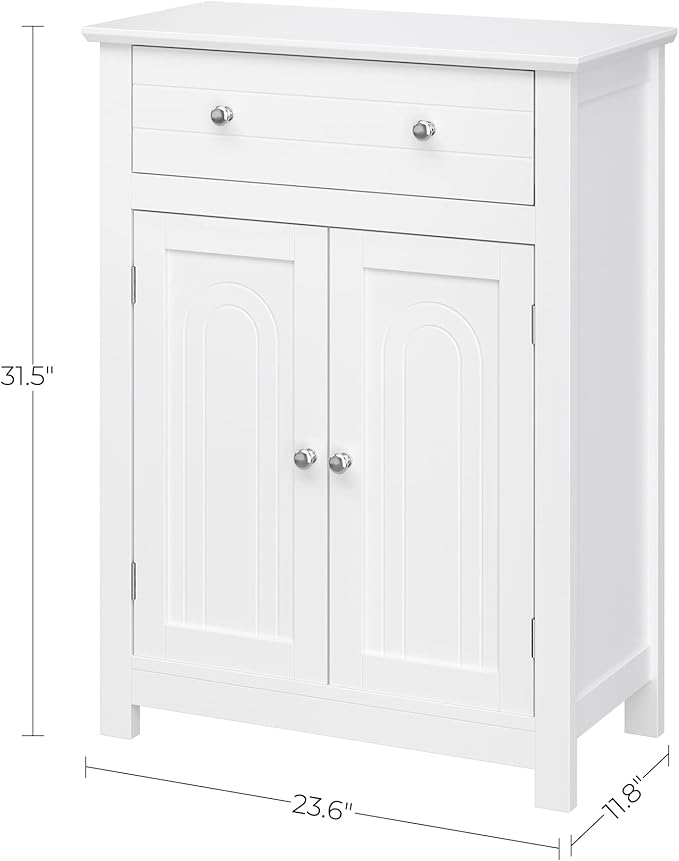 SONGMICS VASAGLE Free Standing Bathroom Cabinet with Drawer and Adjustable Shelf, Kitchen Cupboard, Wooden Entryway Storage Cabinet White, 23.6" L x 11.8" W x 31.5" H, UBBC61WT