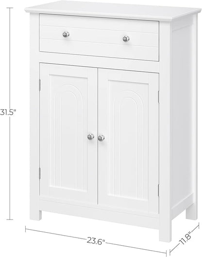 SONGMICS VASAGLE Free Standing Bathroom Cabinet with Drawer and Adjustable Shelf, Kitchen Cupboard, Wooden Entryway Storage Cabinet White, 23.6" L x 11.8" W x 31.5" H, UBBC61WT