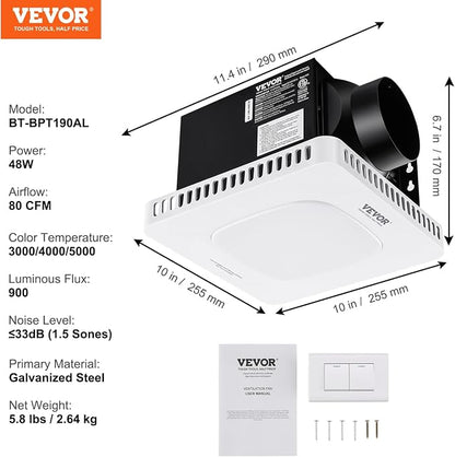 VEVOR Bathroom Exhaust Fan 80 CFM - High-Efficiency Ventilation with All-Copper Motor, 1.5 Sones Low Noise, Remote Control, Energy-Saving Ceiling Fan (Attic Access Required)
