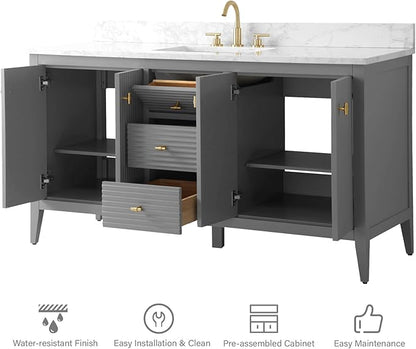 HOMEBEYOND 60" Bathroom Vanity with Single Sink, Solid Wood Bathroom Vanity Free-Standing Cabinet, Ceramic Top & Soft Closing Door, Golden Brushed Handware, Cashmere Gray