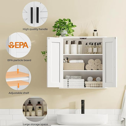 Bathroom Wall Cabinet, Over Toilet Storage Cabinet with Barn Doors and Adjustable Shelves, 3-Tier Medicine Cabinet Wall Mounted, for Bathroom, Kitchen, Entryway, Laundry Room, White, (11.8" D)