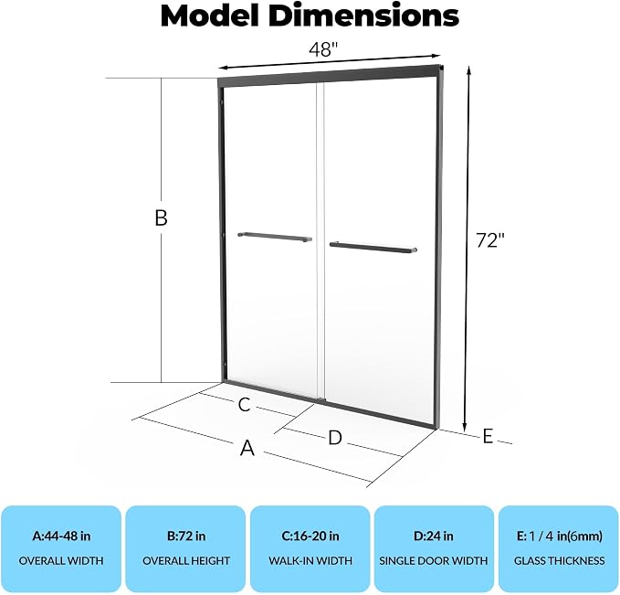 44" - 48" W x 72" H Semi-Frameless Double Sliding Shower Door, Bypass Walk-in Shower Enclosure with 1/4" Tempered Glass, Matte Black Finish