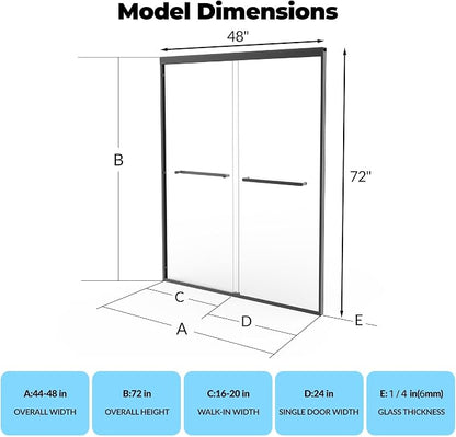 44-48" W x 72" H Sliding Shower Door, 6mm Tempered Glass with Square Rail, Double Sliding Design, Easy-Clean & Smooth Glide for Bathroom Remodel, Matte Black