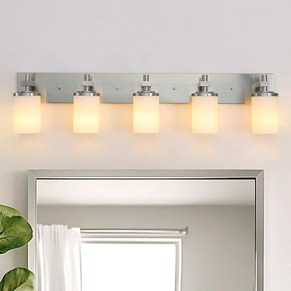 LOUSACE Bathroom Lighting Fixtures Over Mirror Brushed Nickel 5 Light Bathroom Vanity Lights with Opal White Glass Shades, Modern Vanity Wall Sconces Fixture for Bedroom Living Room