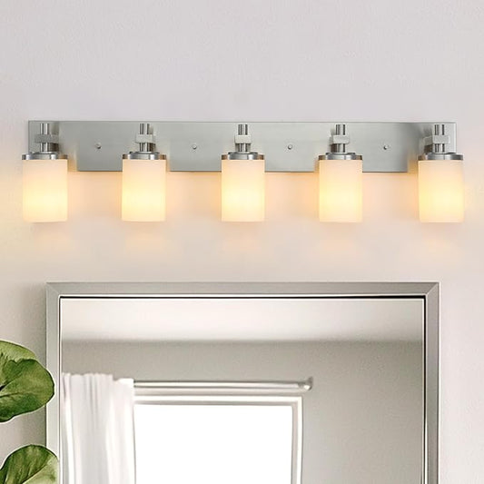 LOUSACE Bathroom Lighting Fixtures Over Mirror Brushed Nickel 5 Light Bathroom Vanity Lights with Opal White Glass Shades, Modern Vanity Wall Sconces Fixture for Bedroom Living Room
