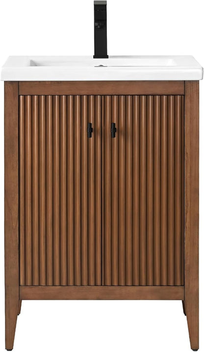 Vanity Art 24 inch Walnut Bathroom Vanity with Single Sink & Ceramic Top, Vanity Cabinet with Soft-Closing Door, Solid Wood Frame, Linear Pattern, Walnut, VA9124-Walnut-MB,Matte Black Handles