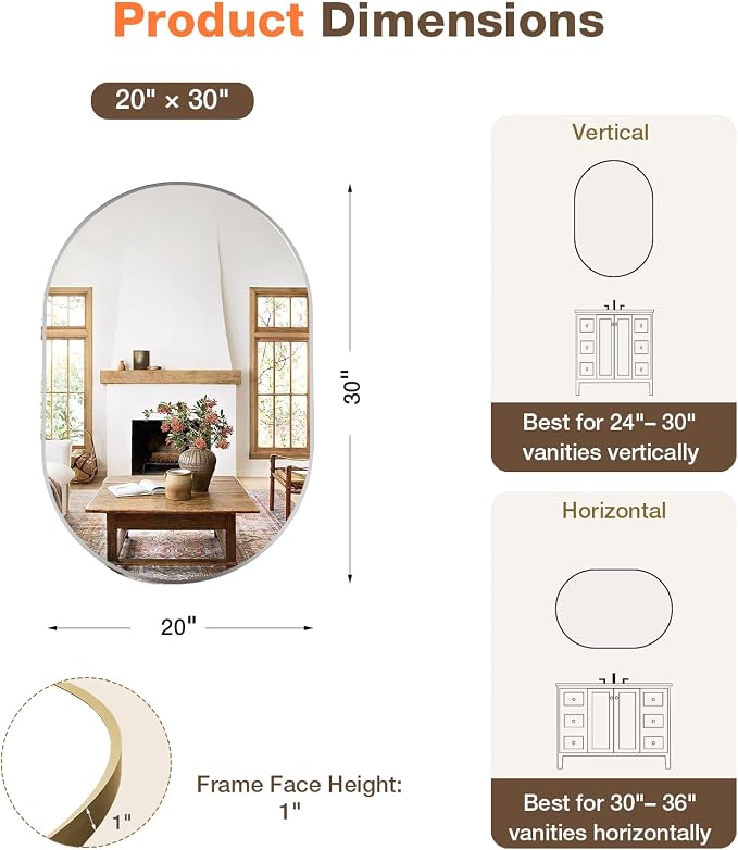 20"x30" Brushed Nickel Oval Bathroom Mirror for Over Sink, Vanity Mirror | Aluminum Alloy Frame, Clear Reflection, Rust-Resistant, Vertical or Horizontal, Wall Mount, Bedroom and Entryway