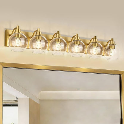 IZORRO Bathroom Light Fixtures, 6-Light Brushed Gold Vanity Light, Modern Wall Sconces with Globe Clear Glass Shade, Vanity Lighting Fixtures Over Mirror,E26 Bulb Socket