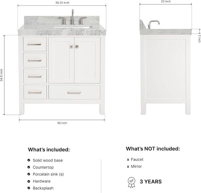 ARIEL Cambridge 36-inch Bathroom Vanity with Sink,Solid Wood, 2-inch Italian Carrara Marble Countertop, Single Rectangular Porcelain Sink, 2 Soft Closing Doors, 5 Dovetail Drawers, White
