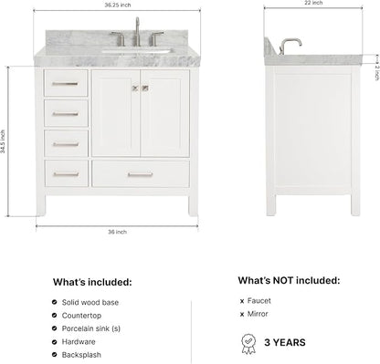 ARIEL Cambridge 36-inch Bathroom Vanity with Sink,Solid Wood, 2-inch Italian Carrara Marble Countertop, Single Rectangular Porcelain Sink, 2 Soft Closing Doors, 5 Dovetail Drawers, White