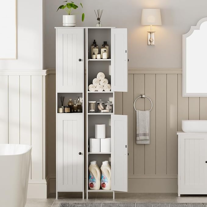 Tall Bathroom Storage Cabinet with 2 Doors, 67"H Narrow Storage Cabinet with Adjustable Shelves& Anti-Tip Design, Reversible Door Installation, Easy Assembly, 11.8 x 11.8 x 66.9 Inches, White