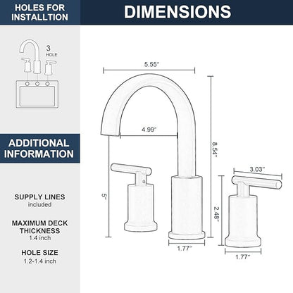 Matte Black Waterfall Bathroom Faucet 3 Hole, Widespread Two Handle Bathroom Sink Faucet Vanity Faucet, 8 Inch Bathroom Faucets for Sink with cUPC Supply Lines and Pop-Up Drain