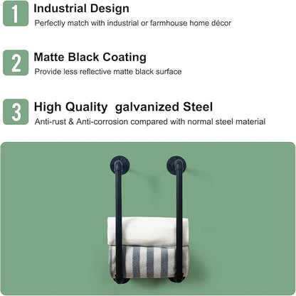 HouseAid Industrial Pipe Towel Rack, Farmhouse Bathroom Towel Storage Holder, Vintage Style Towel Organization, Wall Mounted, Matte Black