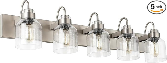 PRESDE 5 Light Bathroom Vanity Light Fixture Over Mirror Vintage Brushed Nickel Vanity Light for Bathroom with Bubble Glass Shades