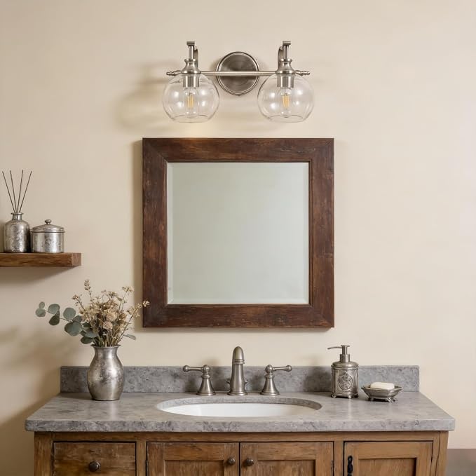 Brushed Nickel Bathroom Light Fixture, 2 Light Bathroom Vanity Light, Farmhouse Silver Wall Sconce, Anti-Rust Wall Lamp with Sturdy Metal Lamp Body for Bedroom, Living Room, Restroom