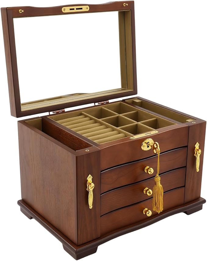 Large Wooden Jewelry Box with Mirror and Lock, 4 Layers Locking Jewelry Organizer, Watches Necklace Ring Storage Box for Women