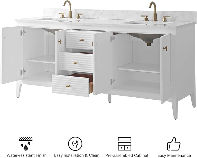 HOMEBEYOND 72" Bathroom Vanity with Double Sink, Solid Wood Bathroom Vanity Free-Standing Cabinet, Ceramic Top & Soft Closing Door, Golden Brushed Handware, White