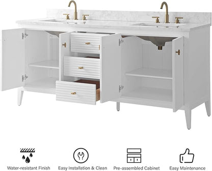 HOMEBEYOND 72" Bathroom Vanity with Double Sink, Solid Wood Bathroom Vanity Free-Standing Cabinet, Ceramic Top & Soft Closing Door, Golden Brushed Handware, White
